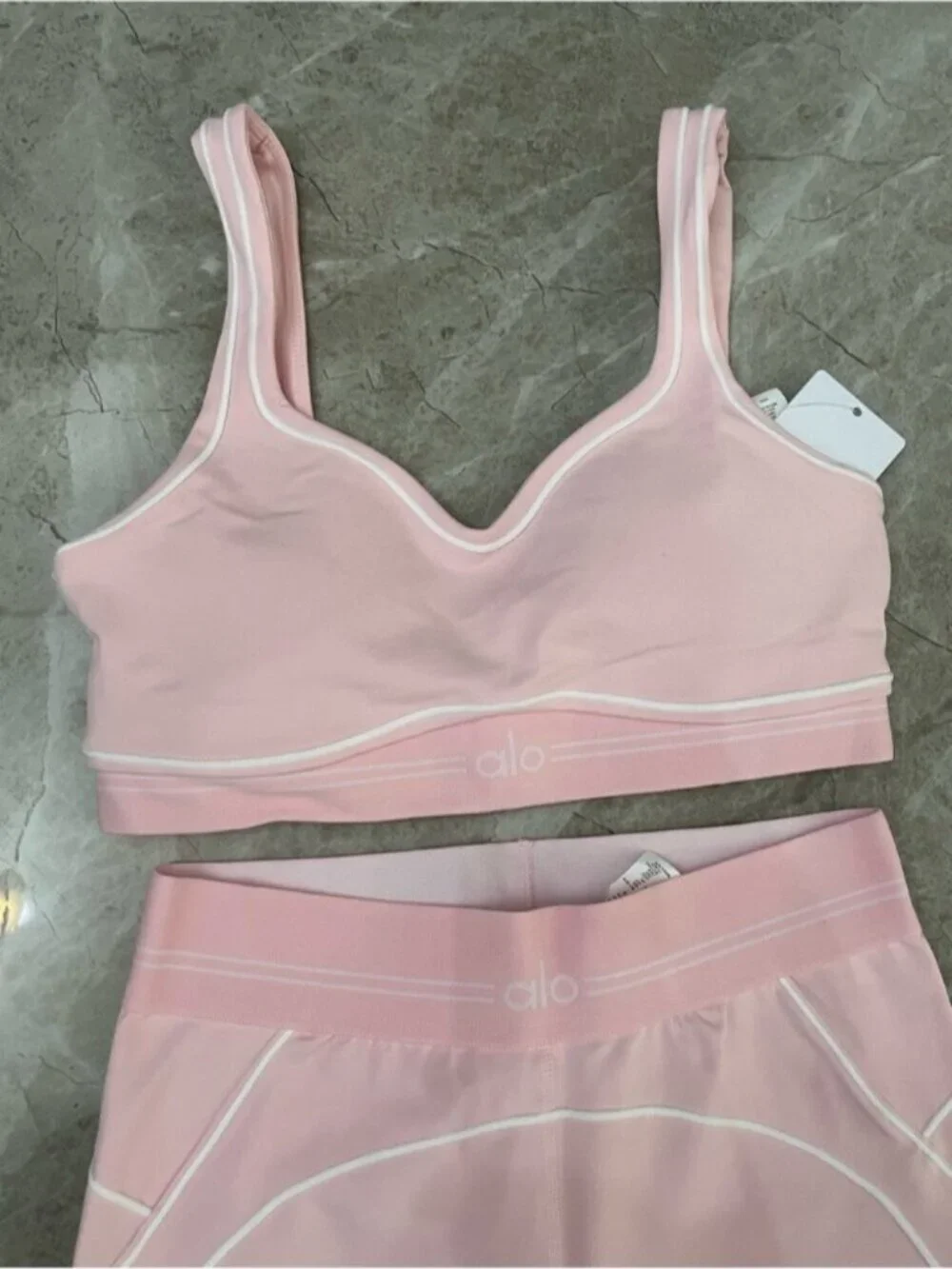ALO Yoga Soft Pink Leggings and Bra Set